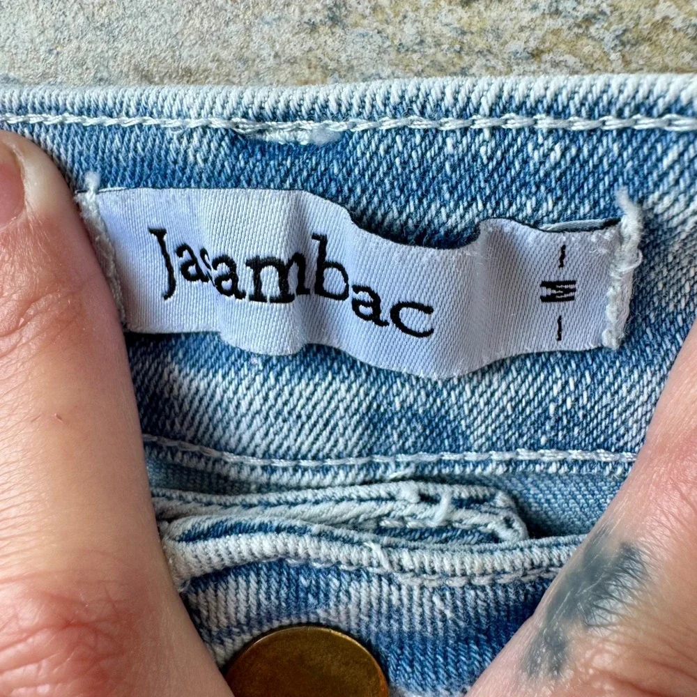 Jasambac Denim Shorts High Waist Frayed‎ Hem Light Wash Blue Mom Stretch Jean M